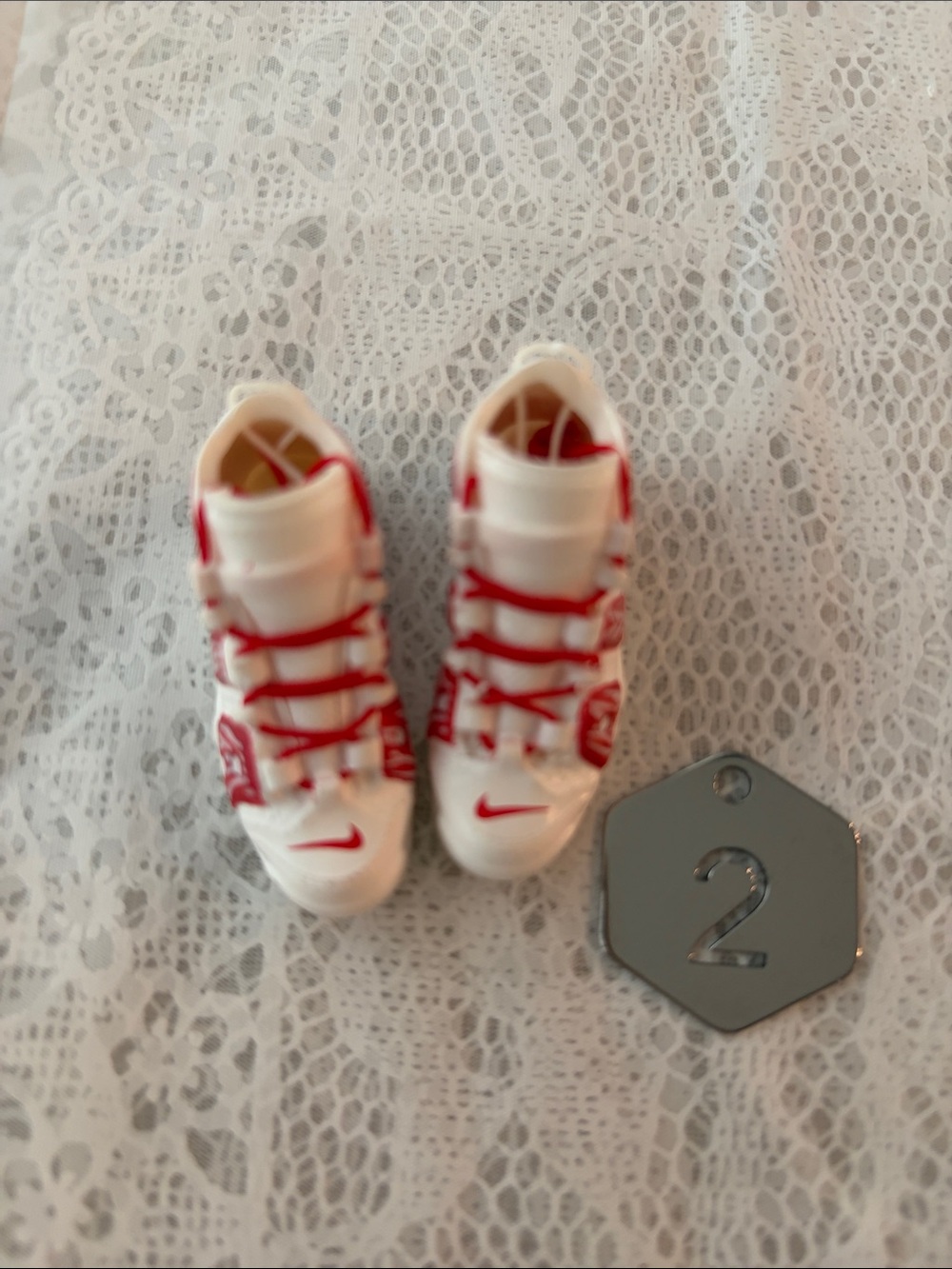 2, Nike Logo White & Red High-Top Mini Sneaker Pair For Labubu Doll